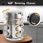 Support à épices rotatif 360° en inox avec 16 pots en verre