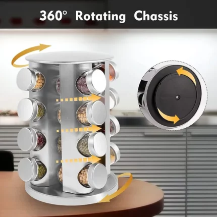 Support à épices rotatif 360° en inox avec 16 pots en verre